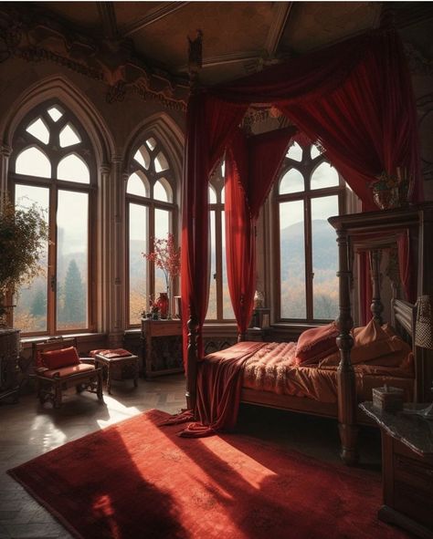 Bedroom Ideas Fantasy Dream Rooms, Fantasy Theme Bedroom, Hogwarts Dorms Gryffindor, Harry Potter Bedroom Gryffindor, Gryffindor Room Aesthetic, Red Royal Bedroom, Gryffindor Common Room Bedroom, Gryffindor Dorm Room Aesthetic, Gryffindor Bedroom Aesthetic