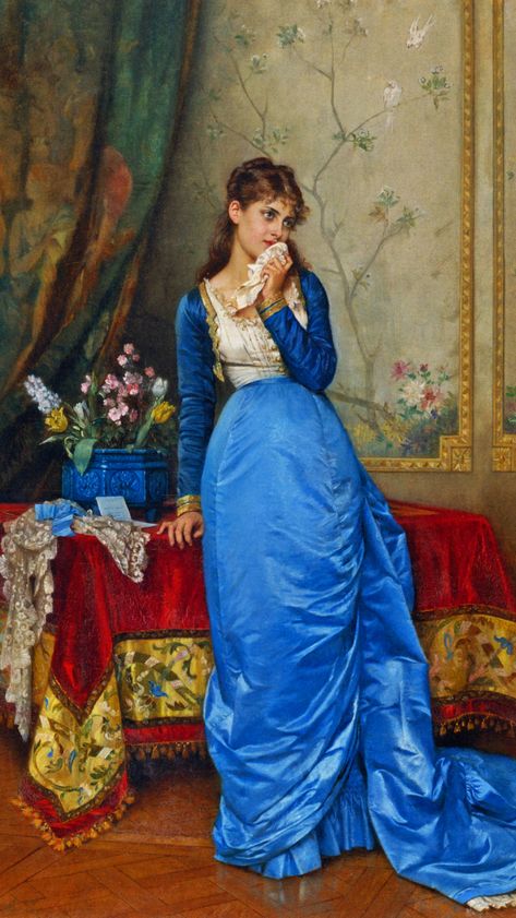 "The Letter"  --  1879  --  Auguste Toulmouche  --  French  --  Oil on canvas  --  Private collection. Auguste Toulmouche, Edouard Manet, Victorian Art, Painting Reproductions, Classical Art, A Mirror, Woman Painting, French Artists, Historical Fashion