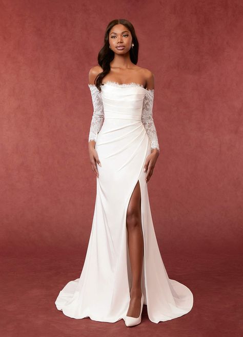 Azazie Onyx Wedding Dress Wedding Dresses | Azazie Long Waist Wedding Dress, Wedding Dress Fitted Simple, Fitted Winter Wedding Dress, Flared Wedding Dress, Wedding Dress Styles For Short Women, Off The Shoulder Wedding Dress With Sleeves, Azazie Wedding Dresses, Wedding Dress Sleeves Lace, Wedding Dresses Square Neckline