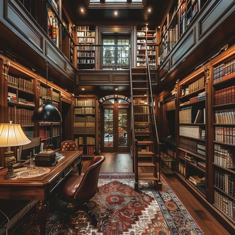 Cozy home library with rich wooden shelves, sturdy rolling ladder, classic furniture, and warm lighting. Ideal retreat for book enthusiasts. Library With Ladder, Colonial Library, Dark Academia Interior, Dream Home Library, Cozy Home Library, Indian Houses, Rolling Ladder, Home Library Rooms, Cozy Library