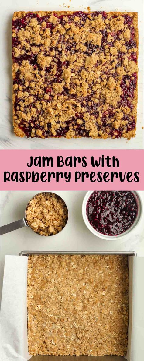 These Jam Bars with Raspberry Preserves require only one bowl to prepare. They feature a basic jam layer sandwiched between two layers of oatmeal crumble. Whether you enjoy them for breakfast, as a snack, or as dessert, they're a delightful treat for any time of day! Recipes Using Raspberry Preserves, Gluten Free Jam Bars, Raspberry Preserves Desserts, Recipes With Raspberry Jam, Raspberry Jam Desserts, Recipes Using Jam, Jam Bars Recipe, Raspberry Jam Bars, Oatmeal Jam Bars