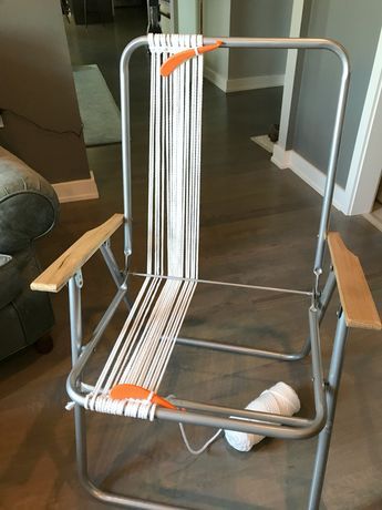 macrame lawn chair tutorial - My French Twist Macrame Lawn Chair, Shutters Repurposed Decor, Macrame Furniture, Metal Lawn Chairs, Repurposed Headboard, Upcycle Storage, Macrame Chairs, Orange Chair, Lawn Chair