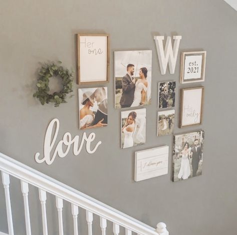 Collage Wall In Living Room, Wedding Picture Living Room Display, Farmhouse Living Room Photo Wall, Living Room Picture Collage Ideas, Wedding Pictures Wall Decor, Wedding Photo Frames Wall, Wedding Wall Collage Ideas, Living Room Decor With Wedding Photos, Picture Wall Ideas Farmhouse