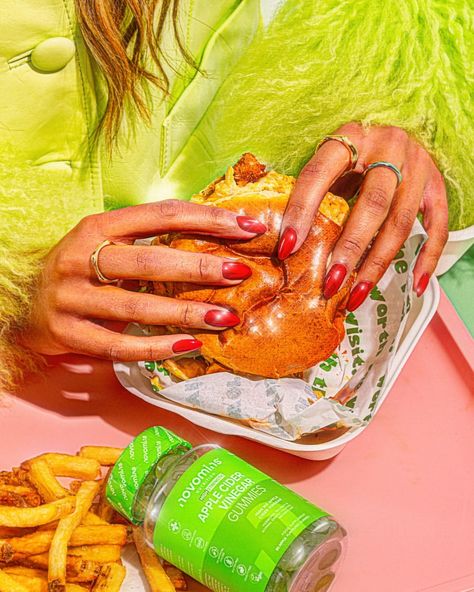 PRODUCT PHOTOGRAPHY STUDIO | Bold colours, funky wardrobe, stylised edits and a greasy burger? What a vibe we created with Novomins 💚⁣ ⁣ Styling, Photography &… | Instagram Funky Wardrobe, Product Photography Food, Canon R5, Beauty Product Photography, Cosmetic Photography, Product Photography Studio, Brand Photography Inspiration, Styling Photography, Creative Business Owner