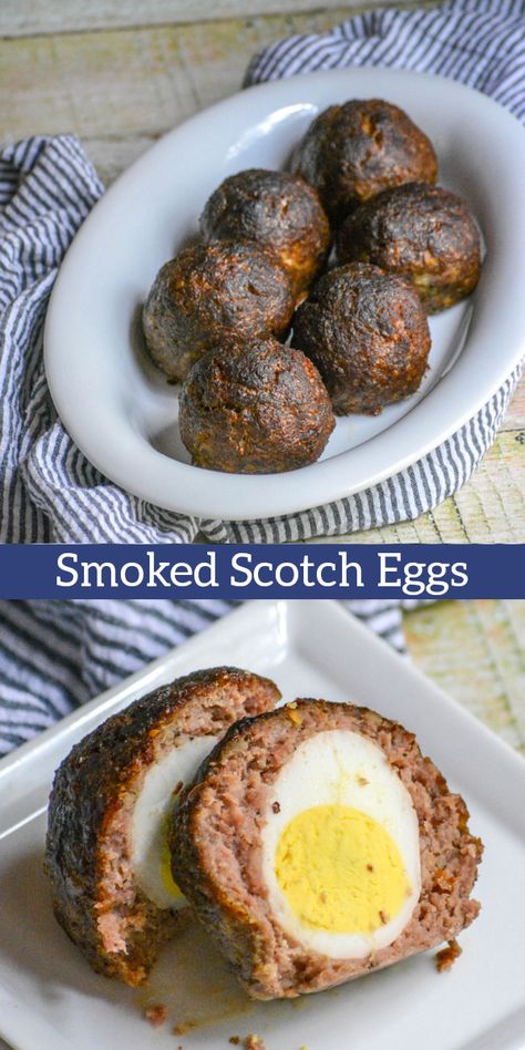 Scotch eggs are a thing of beauty in the breakfast world. Up the ante by adding some specific seasonings to the ground sausage & bread crumb mixture wrapped around protein packed hard boiled eggs- and smoke them. #breakfast #scotchegg #breakfastrecipe Smoked Eggs, Scotch Eggs Recipe, Traeger Grill Recipes, Sausage Bread, Smoker Cooking, Pellet Grill Recipes, Traeger Recipes, Scotch Eggs, Ground Sausage