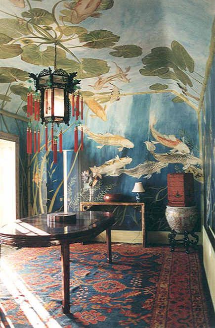 Koi pond mural on walls and ceiling. Boho Style Room, Chinoiserie Mural, Chinoiserie Chic, Fish Ponds, Bohol, Ponds, Koi Fish, Home Fashion, The Room