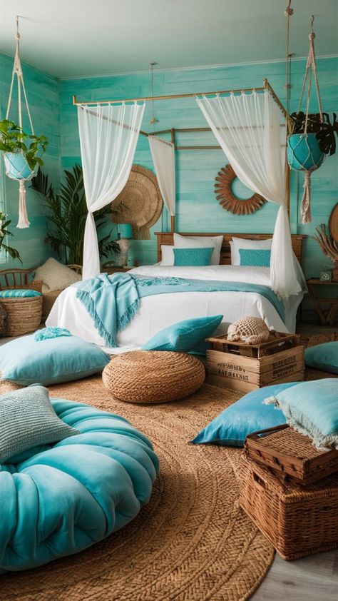 29 Blue Boho Bedroom Ideas 10 White And Turquoise Bedroom, Light Blue Boho Bedroom, Blue Boho Bedroom Ideas, Chic Coastal Decor, Blue Boho Bedroom, Ocean Room Decor, Teal Rooms, Blue Bedrooms, Amazing Rooms