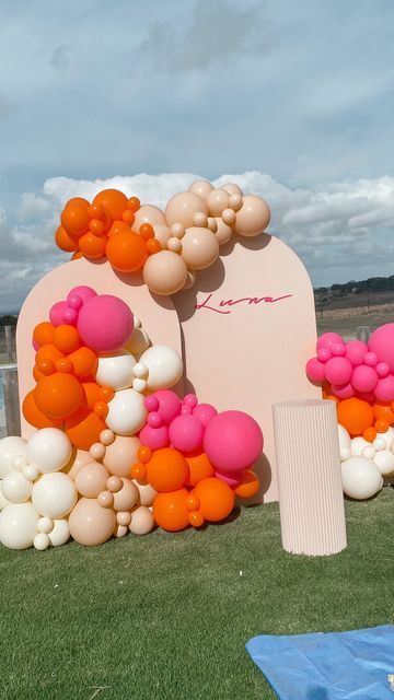 Birthday Decorations Summer, Pink And Orange Balloon Decorations, Pink Orange Balloon Garland, Orange And Pink Balloon Garland, Pink And Orange Backdrop, Pink Orange White Balloon Garland, Pink And Orange Birthday Party Aesthetic, Pink And Orange Balloon Arch, Pink Orange Yellow Party Theme