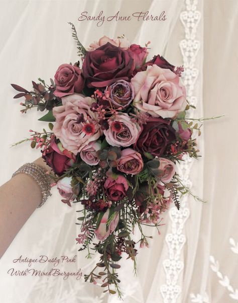 Dark Pink Wedding Flowers, Pink And Maroon Wedding, Maroon And Pink Wedding, Burgundy Pink Wedding, Dusky Pink Wedding Flowers, Dusty Rose Cascading Bouquet, Blush Cascading Bouquet, Wedding Flower Arrangements Pink, Cascade Wedding Bouquet