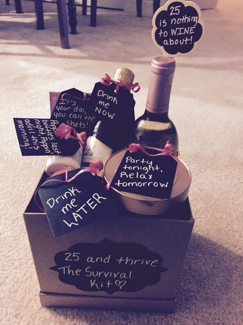 25th Birthday Gift Basket! 25th Birthday Ideas For Her, Gift Ideas For Best Friends, Ideas For Best Friends, 25th Bday, 25th Birthday Parties, 25th Birthday Gifts, Bottle Centerpieces, Birthday Ideas For Her, Clever Gift