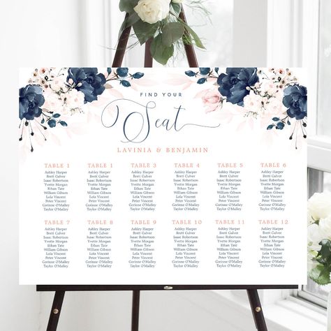 Navy Blue And Blush Pink Wedding Decor Table Settings, Dark Blue And Pink Wedding, Groomsmen Attire Navy Blue, Wedding Sitting Chart, Blue And Blush Pink Wedding, Navy Wedding Theme, Pink Table Decorations, Navy Blush Weddings, Blush Wedding Centerpieces