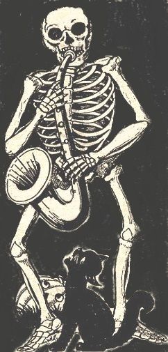 vintage Halloween Skeleton band saxophone, favorites Skeleton Playing Trumpet, Skeleton Playing Saxophone, Vintage Skeleton Illustration, Drawtober 2024, Saxophone Tattoo, Skeleton Band, Spotify Art, Expo Ideas, Fran Bow