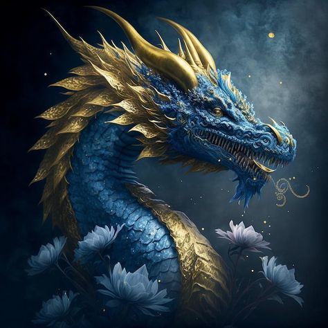 A blue dragon with gold hair and a gold ... | Premium Photo #Freepik #photo #china-dragon #chinese-dragon #asian-dragon #dragon Dream Job Affirmations, Job Affirmations, Flower Dragon, Attract Success, Legendary Dragons, Game Of Thrones Dragons, Yellow Dragon, Dragon Artwork Fantasy, Fairy Dragon