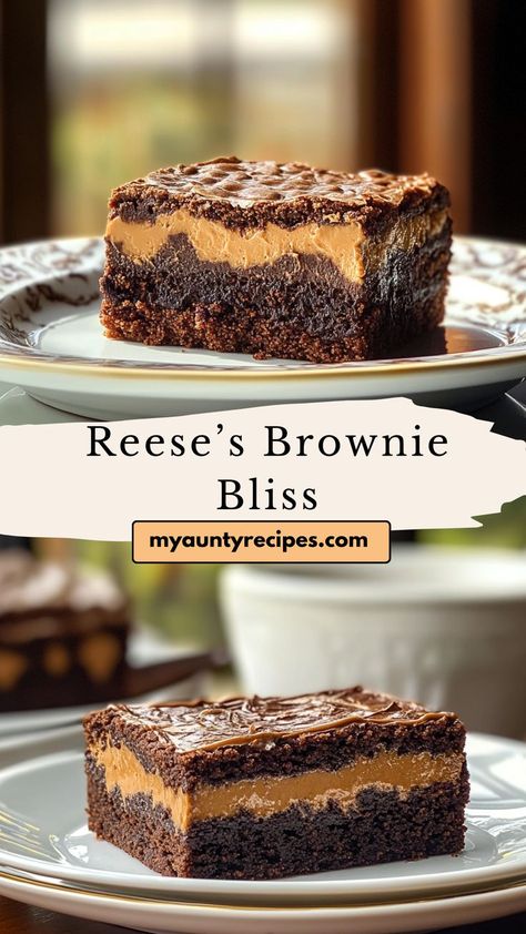 Dive into layers of chocolate and peanut butter with this Reese’s Brownie Bliss! Fudgy, rich, and packed with Reese’s flavor, these brownies are a decadent dessert for all peanut butter fans. Reese Stuffed Brownies, Reese’s Desert, Reese Cup Brownies, Brownie Peanut Butter Dessert, Reese’s Brownies, Reese Brownies, Peanut Butter Brownies Box Recipes, Friendsgiving Dessert Recipes, Reeses Dessert