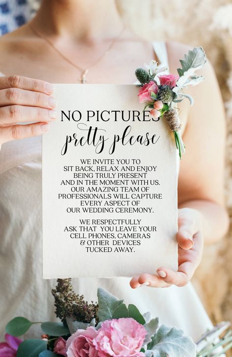 No Photos Wedding Sign, Wedding Signs Unplugged, Wedding Ceremony Sign, Grammar Errors, Ceremony Sign, Wedding Ceremony Signs, Unplugged Wedding, Modern Minimalist Wedding, Pretty Please