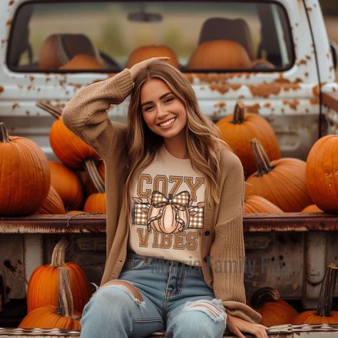 Cozy Vibes Pumpkin T-Shirt, Fall Shirt, Pumpkin Patch T-Shirt, Plaid and Pumpkin Design, Autumn Graphic Tee, Cozy Season, Gift for Her **Thanks so much for visiting our Etsy Shop** ** SIZING OPTIONS** We use Unisex Shirts for all orders. As a rule of thumb unisex shirts run a little looser than a traditional ladies shirt. Ladies, if you want a more fitted look then we recommend sizing down.  **Returns and Exchanges**  We do not accept returns or exchanges. However, we are human and sometimes we make mistakes. If you have any issue with your order, please contact us and we will do our best to resolve it immediately. We do not accept order cancellations. However,  if you have any questions or concerns regarding your order, please do not hesitate to reach out.   **Care Instructions** It is hi Cowgirl Photoshoot, Cozy Season, Professional Attire, Cozy Vibes, Fall Shirt, Pumpkin Design, Dtf Transfers, Weeding, Fall Shirts