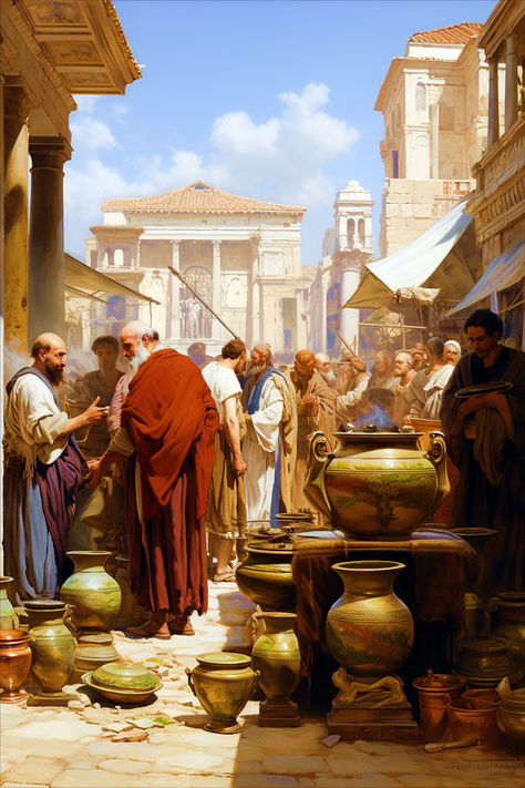 Greek Digital Art, Arabian Market, Greek Market, Aesthetic History, Ancient Greece Aesthetic, Greek Buildings, Roman Painting, Greek Paintings, Ancient Greek City