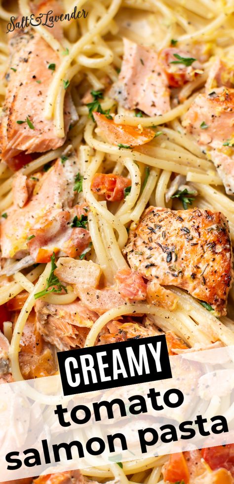 Spaghetti With Salmon Recipe, Salmon Linguine Recipes, Pasta Recipes Salmon, Tomato Salmon Pasta, Salmon Pasta Recipe, Pasta Salmon, Salmon Spaghetti, Creamy Salmon Pasta, Salmon Pasta Recipes