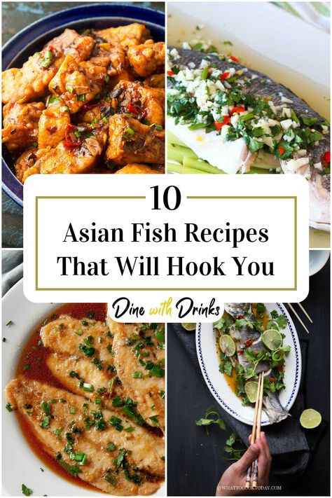 Collage of 4 asian fish recipes. Bronzino Fish Recipe, Fish Recipe Filipino, Thai Fish Recipe, Chinese Fish Recipe, Pan Fried Fish Recipes, Thai Dinner Recipes, Whole Fish Recipes, Asian Fish, Flounder Recipes