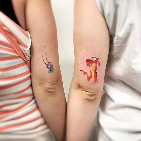 Mulan Cricket Tattoo, Colorful Cartoon Tattoos, Disney Friends Tattoo, Disney Up Tattoo, Mushu Mulan Tattoo, Disney Tattoo Inspiration, Mushu And Cricket, Mushu Tattoo, Cricket Tattoo