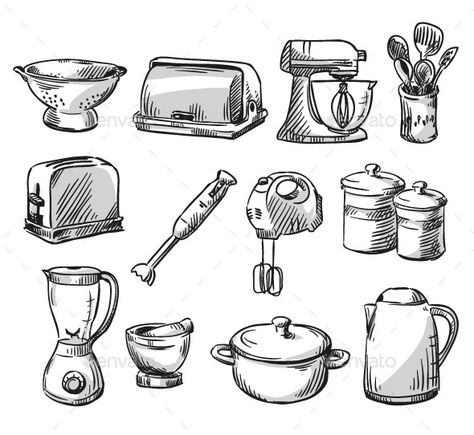 Set of Kitchen Appliances Object Drawings, Cookbook Diy, Draw Objects, Chef Tattoo, Sticker Food, Kitchen Illustration, Kitchen Objects, Kitchen Drawing, Vector Doodle