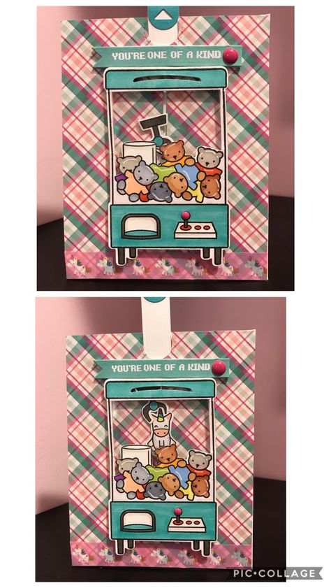 This features Lawn Fawn You’re Claw-Some stamp and die set and the Lets Toast Pull Tab die. Claw Machine Papercraft, Paper Pull Tab, Pull Tab Cards, Grab Machine, Interactive Card, Clay Crafts For Kids, Pop Up Art, Paper Engineering, Lawn Fawn Stamps