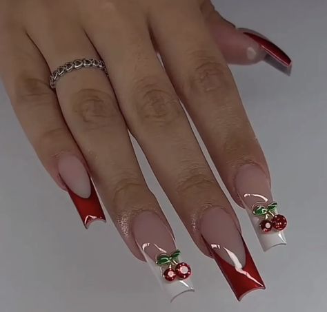 Fall Press On Nails, Handmade Nails, Season Nails, Gel Toe Nails, Red French, Cherry Nails, Girly Acrylic Nails, Set Ideas, Long Acrylic Nails Coffin