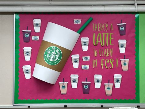 Coffee Door Decorations Classroom, Coffee Cup Bulletin Board, Coffee Theme Bulletin Board, Coffee House Theme Party, Starbucks Bulletin Board Ideas, Latte Bulletin Board Ideas, Starbucks Bulletin Board, Coffee Shop Bulletin Board Ideas, Coffee Bulletin Board Ideas