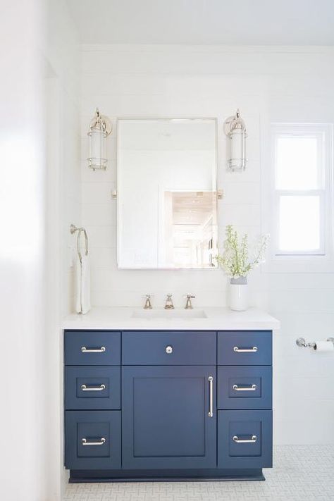 Navy Vanity Bathroom, Sw Naval, California Ranch Style Homes, Navy Blue Bathroom Decor, Navy Vanity, Navy Blue Bathroom, White Bathroom Paint, Blue Bathroom Vanity, Blue Bathroom Decor