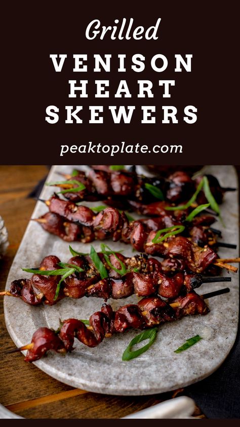 Grilled Venison Heart Skewers Deer Heart Recipe, Grilled Venison, Deer Steak, Asian Marinade, Deer Heart, Deer Recipes, Venison Steak, Deer Meat Recipes, Deer Meat