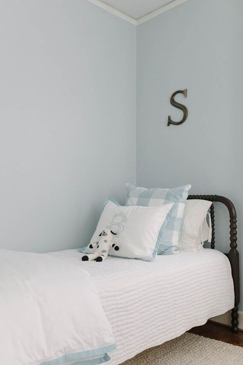 Blue Lace Paint, Light Blue Boys Bedroom, Gray Room Paint, Blue Grey Rooms, Jenny Lind Twin Bed, Pale Blue Bedrooms, Baby Blue Bedrooms, Baby Blue Paint, Blue Bedroom Paint