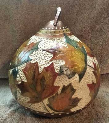 Visual Design Ideas, Maple Leaf Art, Mod Podge Gloss, Fall Gourds, Gorgeous Gourds, Hand Painted Gourds, Leaf Stencil, Gourds Crafts, Leaf Bowls