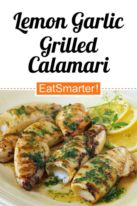 Gesunder Mittelmeergenuss: Lemon Garlic Grilled Calamari - few calories - quick recipe - simple dish - So healthy is the recipe: 76.0/10 | A recipe idea by EAT SMARTER | grilled, grilling, Herb, Seafood, Sauce, low-carb, Low-calorie, Low-sugar #octopus #healthyrecipes Bbq Squid Grilled Calamari, Italian Calamari Recipes, Sauteed Calamari Recipes, Grilled Squid Recipes, Grilled Calamari Recipes, Calamari Recipes Sauteed, Calamari Steak Recipe, Cooking Calamari, Calamari Recipe