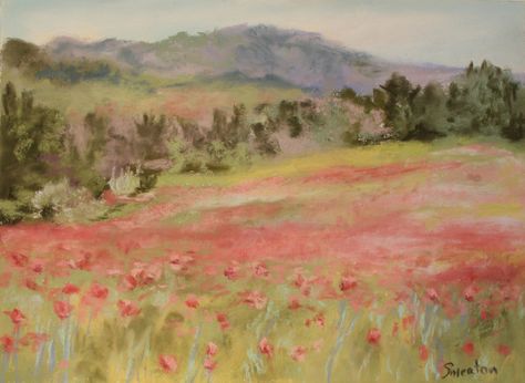 Landscape Paintings Flowers, Pink Flower Field, Paintings Flowers, Pink Watercolor Flower, Cute Paintings, Poppy Field, Baby's Breath, Art Landscape, Flower Field