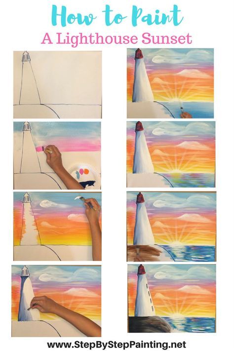 How To Paint A Lighthouse Sunset. Step by step painting acrylic canvas tutorials by Tracie Kiernan. Lighthouse Sunset, Lighthouse Painting, Canvas Painting Tutorials, Easy Canvas Painting, Hur Man Målar, Canvas Painting Diy, Acrylic Painting Tutorials, Step By Step Painting, Painting Lessons