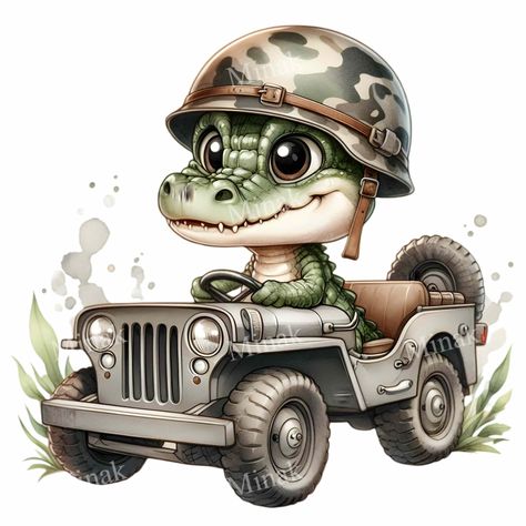 This adorable military alligator clipart features a cartoon crocodile in an army truck, perfect for kids' decorations, educational materials, and craft projects. Use this digital download to create fun designs for invitations, posters, and more. Ideal for DIY enthusiasts and teachers looking for playful illustrations. https://www.etsy.com/shop/SVGvectorStore?ref=seller-platform-mcnav&search_query=alligator https://www.etsy.com/shop/SVGvectorStore?ref=seller-platform-mcnav&search_query=military h Alligator Clipart, Cartoon Animal Art, Crocodile Clipart, Cartoon Alligator, Cartoon Crocodile, Cute Alligator, Alligators Art, Army Helmet, Png Art