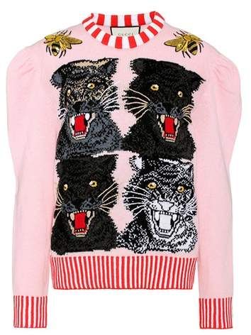 Gucci Sequinned wool-blend sweater  |||    #shopnow #shoponline #buythelook #fashioninspiration #ootd   #designers #luxurylifestyle #designerbrand #fashionbloggers #shopping #shopstyle #fashion Gucci Pullover, Gucci Tiger, Pink Sequin Top, Sequin Embellished Top, Gucci Sweater, Intarsia Sweater, Embellished Sweaters, Metallic Sweater, Knitted Tops