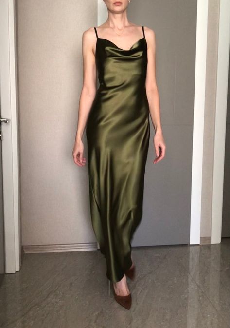 Khaki Cowl Neck Silk Satin Maxi Length Slip Dressadjustable | Etsy Thailand Olive Silk Dress, Silk Dress Pattern, Silk Cowl Neck Dress, Satin Cowl Neck Dress, Gold Silk Dress, Green Slip Dress, Satin Silk Dress, Green Silk Dresses, Olive Dress