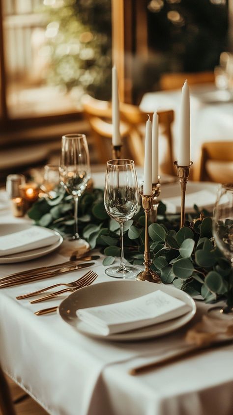 Elegant minimalist wedding table with eucalyptus garlands, white plates, gold cutlery, and candles in a boho-inspired setting. Green White Christmas Table, Eucalyptus Dining Table Decor, Table Greenery Wedding, Holiday Table Decor Ideas, Christmas Table Arrangements, Folded Napkins, Gold Table Setting, Vintage Table Setting, Christmas Party Table