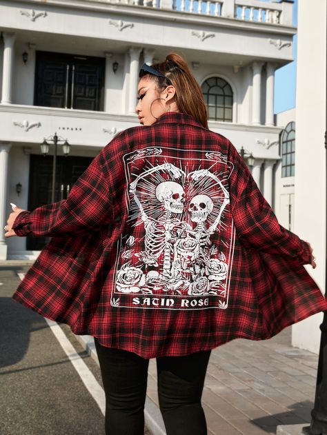 Plus Size Tomboy Fashion, Plus Size Alternative Outfits, Enby Style, Alternative Fashion Plus Size, Red Flannel Shirt, Drop Shoulder Shirt, Patches Fashion, Skeleton Print, Plus Size Halloween