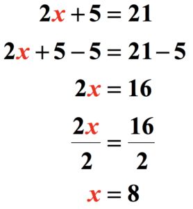 the complete step-by-step solution to the two-step linear equation 2x+5=21. solving it,we have 2x+5=21 → 2x+5-5=21-5 → 2x=16 → (2x)/2=16/2 → = x=8 Teaching Math Strategies, Cool Math Tricks, Two Step Equations, School Study Ideas, Math Genius, Math Charts, Learning Mathematics, Math Tutorials, Basic Math Skills