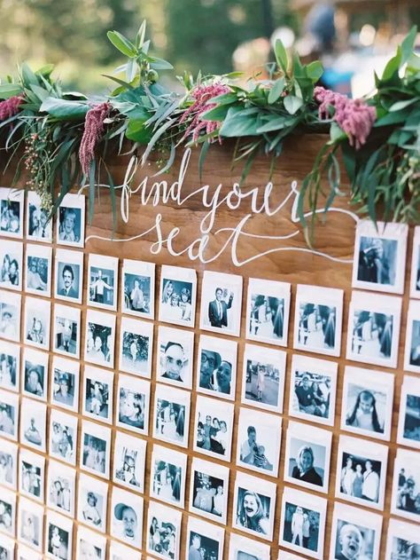 Give your wedding guests a little laugh by using funny photos of them as escort cards like this couple who used these photos on their wedding seating chart for their boho summer wedding. Alternatively, you can use photos of your relationship throughout the years that your wedding guests can keeps as a wedding favor. Find more creative wedding ideas at the link! // Photo: Ryan Ray Photo Wedding Seating Charts Ideas, Find Your Seat, Personal Celebration, Wedding Table Plan, Seating Cards, Pretty Party, Martha Stewart Weddings, Wedding Games, Seating Chart Wedding