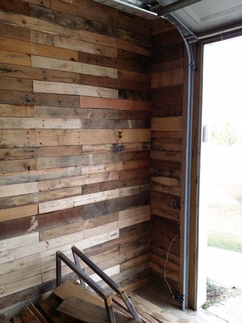 Garage Transformed Into Super Pallet Garage! Pallet Wall Decor & Pallet Painting Pallet Walls & Pallet Doors Yard Wall Decor, Pallet Door, Yard Wall, Pallet Wall Decor, Diy Pallet Wall, Garage Floor Paint, Finished Garage, Pallet Walls, Garage Remodel