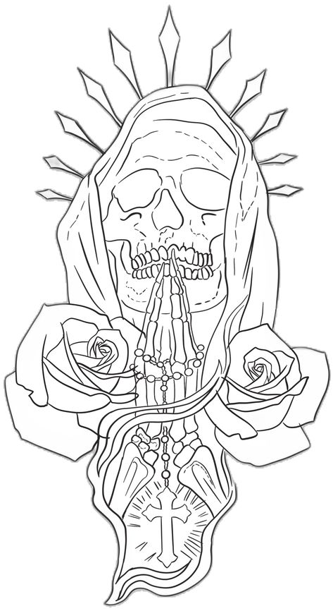 Skull And Flower Tattoo Stencil, Skulls Tattoo Stencil, Tattoos For Guys Stencil, Drawing Ideas Outlines, Santa Muerte Drawing Tattoo, Santa Muerte Tattoo Stencil, Gothic Drawings Sketches, Santa Muerte Drawing, Forearm Tattoo Stencil