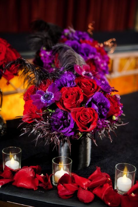 Red/Purple dark romantic centerpiece Red Purple Wedding, Red And Purple Flowers, Purple Wedding Centerpieces, Purple Centerpieces, Red Centerpieces, Church Anniversary, Wedding Colors Red, Red Wedding Theme, Pastor Appreciation