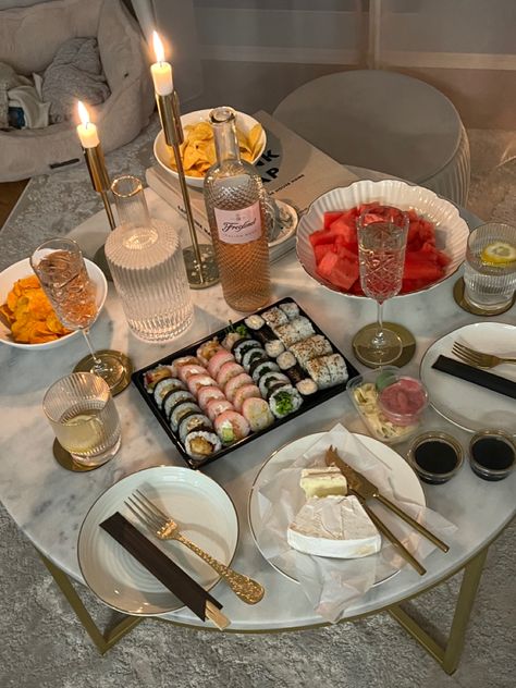 Homemade Sushi Night Aesthetic, Sushi Night With Friends, Sushi And Wine Aesthetic, Sushi Drink Pairing, Sushi Night Party, Girls Night Snacks Aesthetic, Wine Night Birthday Party, Homemade Sushi Aesthetic, Wine Night Aesthetic Friends