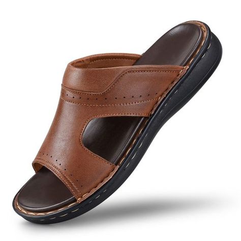 PRICES MAY VARY. Men's Comfort Outdoor Sildes: With Arch Support Design, it will relieve the pressure on the feet and give enough comfort feeling. They are good shoes for standing all day. Premium Material: 100% genuine leather uppers, high quality PU lining, flexible and quality PU insoles, soft PU milddle sole, good quality non-slip rubber bottom sole. Classic Stylish: The uppers design is double stitching of toe part, hollow-carved design in the middle, different texture Leather Stitching des Shoe Makeover, Leather Slippers For Men, Mens Summer Shoes, Sandals For Men, Bespoke Shoes, Leather Boat Shoes, Mens Leather Sandals, Moccasins Mens, Outdoor Slippers