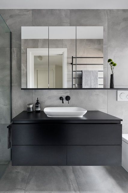 Toilet One Piece, Bathroom Unit, Bathroom Furniture Design, Over The Toilet Storage, Laminate Wall, Bathroom Design Black, Black Vanity Bathroom, Over The Toilet, Grey Bathroom Vanity