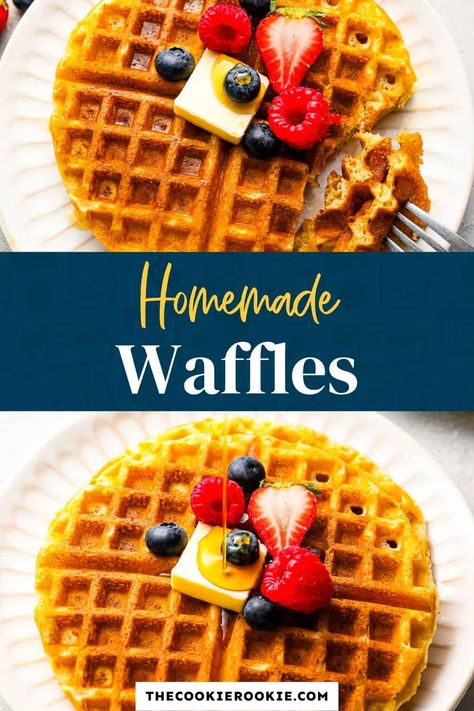 This easy Homemade Waffles recipe will be your new go-to weekend breakfast! Make the perfect waffles from scratch with a simple batter and a waffle iron, slathered in butter and maple syrup, then finished with your favorite toppings. The whole family is going to love these fluffy waffles! Best Healthy Waffle Recipe, Homemade Waffle Recipe Healthy, Waffle Recipes Homemade, Easy Homemade Waffles Recipe, Waffle House Waffle Recipe, Homemade Waffle Recipe Fluffy, Homemade Waffle Recipe Without Eggs, Homemade Eggo Waffles, Simple Waffle Batter