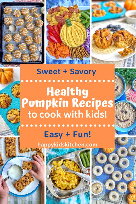 Pumpkin recipes for breakfast, snack, dinner, and dessert! Healthy ideas for recipes to cook with kids. Use up the canned pumpkin and make something together to enjoy. #healthypumpkinrecipes #pumpkinspice #pumpkinrecipes #cookingwithkids Pumpkin Recipes For Kids, Pumpkin Recipes Kids, Recipes To Cook With Kids, Fresh Pumpkin Recipes, Healthy Pumpkin Recipes, Pumpkin Breakfast Recipes, Snack Dinner, Vegetarian Kids, Baking Recipes For Kids